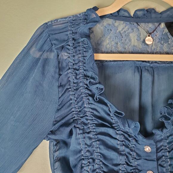 BKE Boutique Teal Semi-Sheer Button Down V-Neck Lace Blouse Top Size Medium - Picture 4 of 5